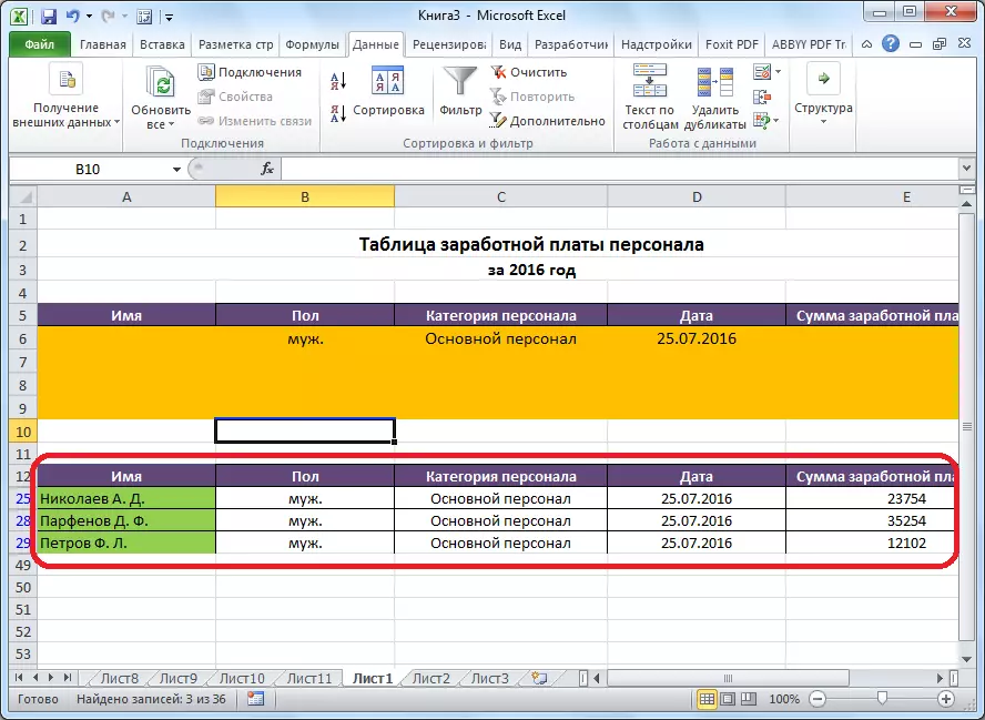 Genişletilmiş filtre, Microsoft Excel'in sonuçları