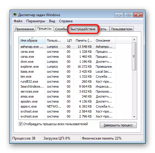 Skakel oor na die blad Speed ​​in Windows 7 Task Manager