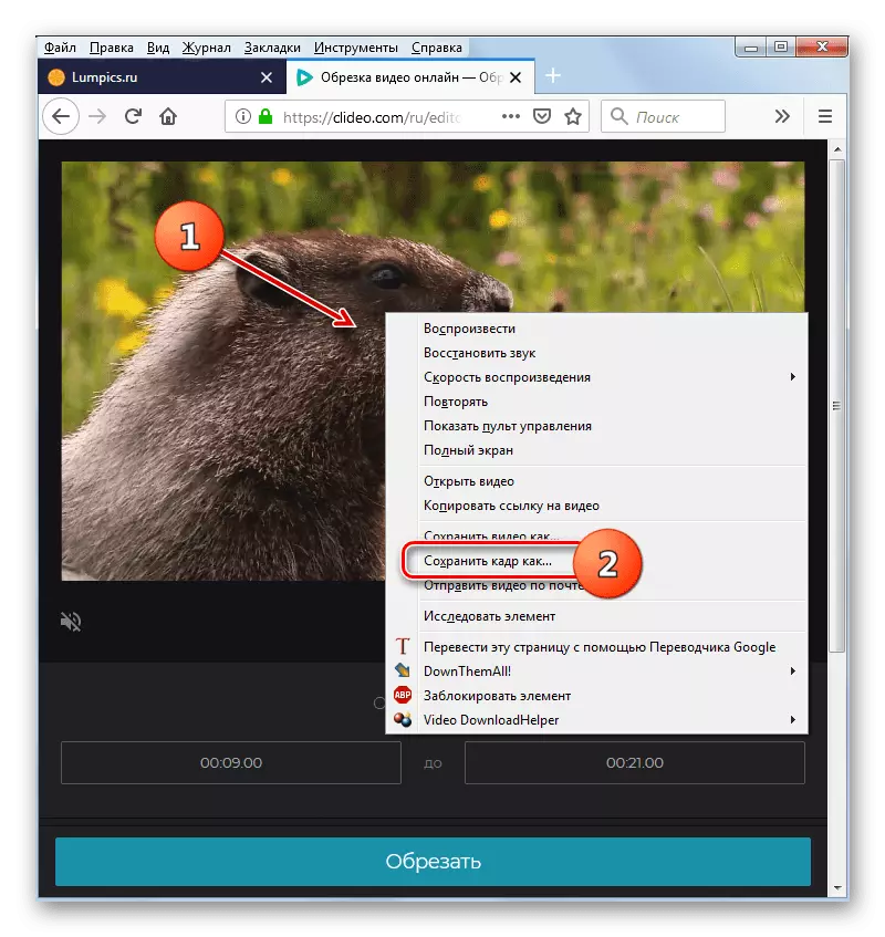 Mozilla Firefox Web tarayıcısındaki Clileo servisindeki bağlam menüsünden video çerçevesini kaydetmeye geçme