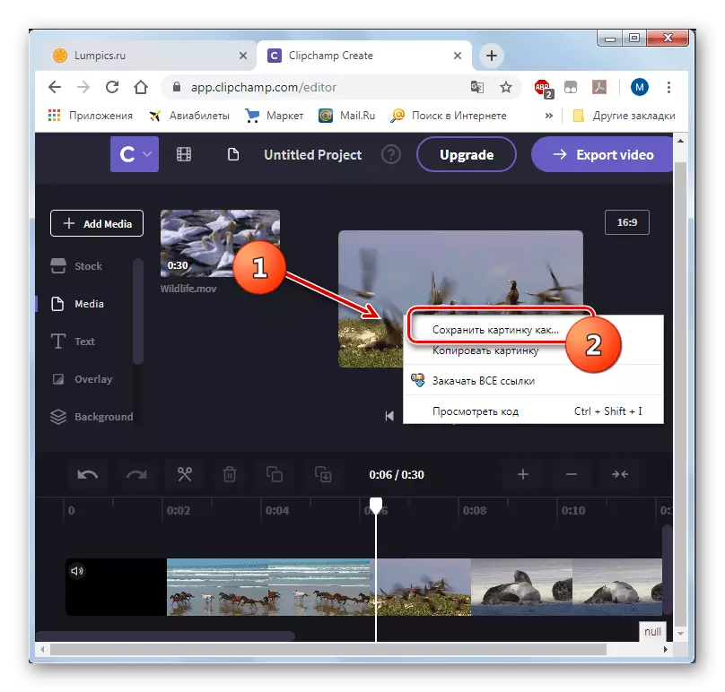 Google Chrome Web Gezgini'ndeki ClipChamp hizmetindeki içerik menüsünden video çerçevesini kaydetmeye gidin