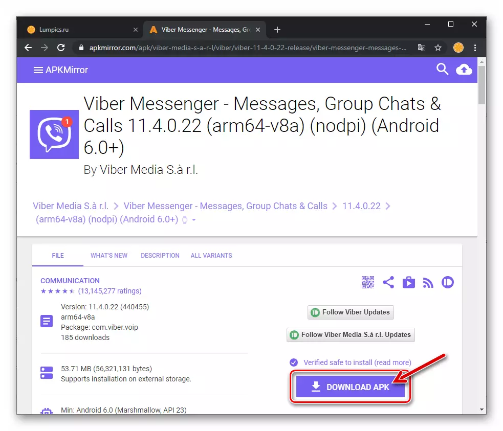 Viber za Android Download APK gumb na strani prenosa programa Messenger