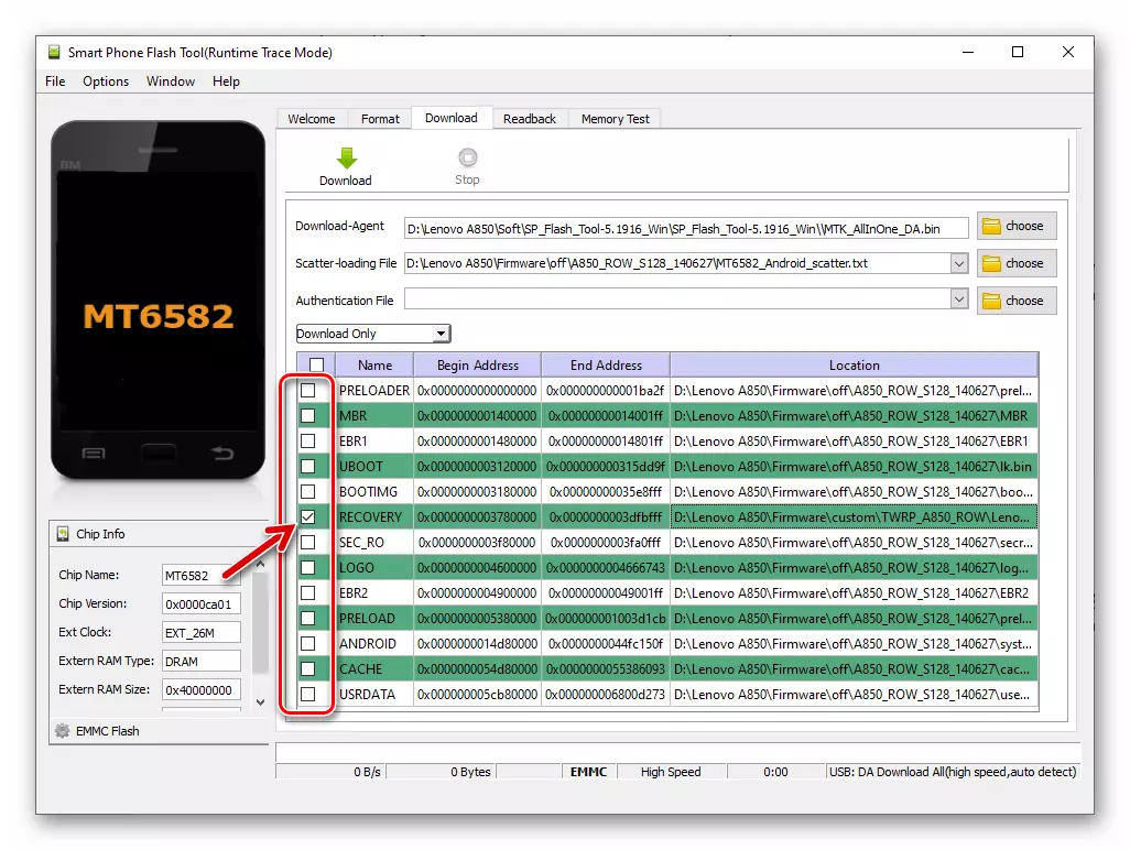 Lenovo A850 TwrP Hogyan kell flash szekció helyreállítását SP flash eszközzel