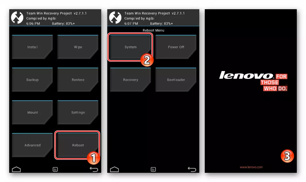 Lenovo A850 Neustart in Android von Castomal Recovery Twrp