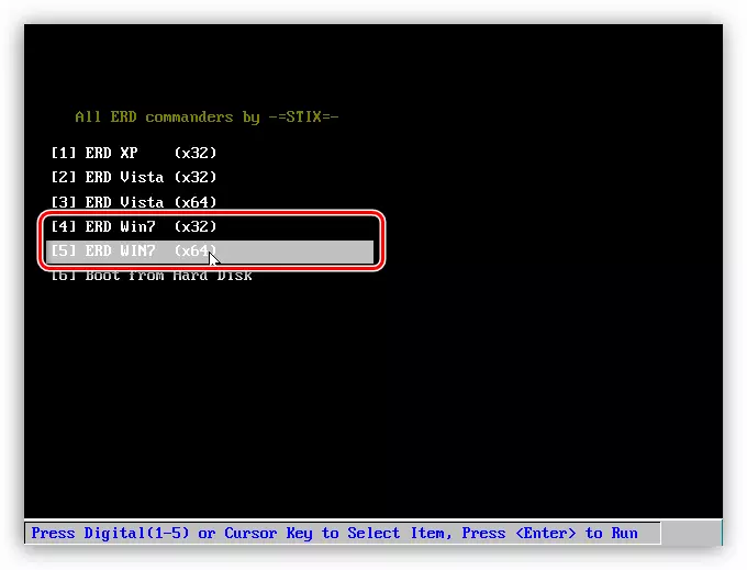 Għażla tal-kwittanza tas-sistema operattiva Windows 7 meta tagħbija mid-disk emerġenza Kmandant ERD