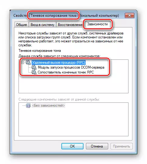 Перевірка залежностей системної служби Тіньове копіювання тому в Windows 7