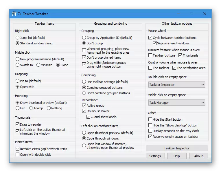 Menggunakan program Tweaker 7+ Taskbar untuk mengkonfigurasi Windows 10