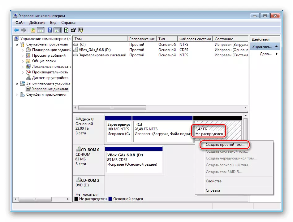 Přechod na vytvoření jednoduchého svazku na systémovém disku v systému Windows 7