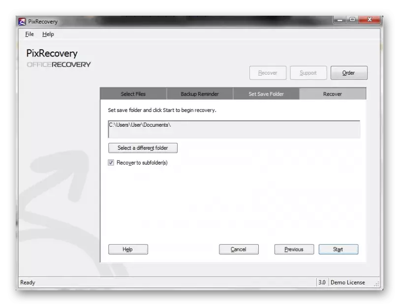 PixRecovery application menu.