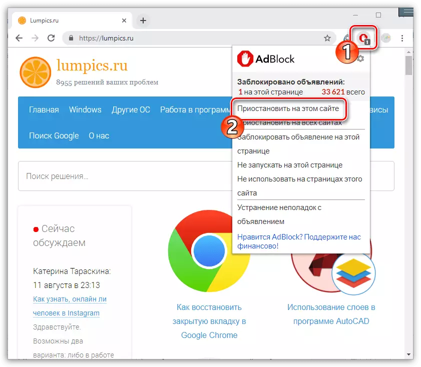 Suspendu Adblock sur specifa retejo en Google Chrome