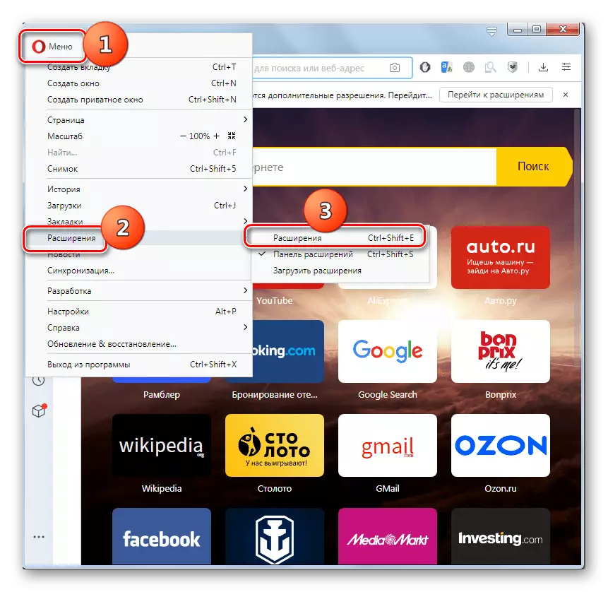 Skift til udvidelsesstyringsvinduet gennem hovedmenuen i Opera-browseren
