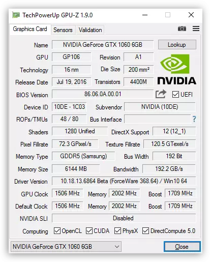 व्हिडिओ कार्डची वैशिष्ट्ये निर्धारित करण्यासाठी GPU-z प्रोग्रामची मुख्य विंडो