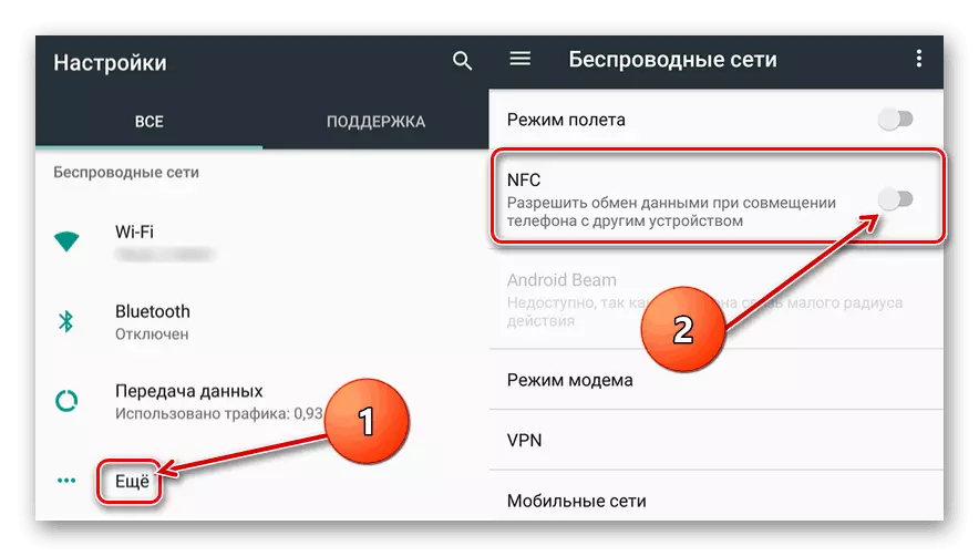Працэс ўключэння функцыі NFC на Android