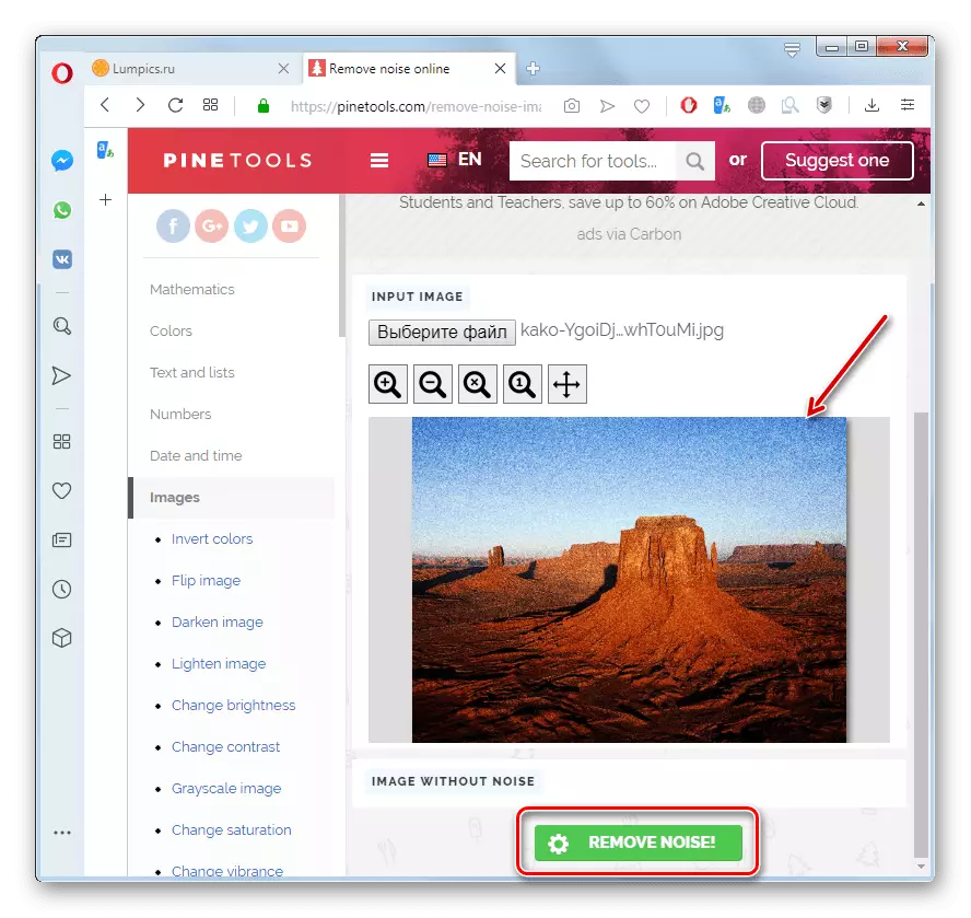 Esecuzione di rimozione del rumore digitale sulla foto del problema sul servizio Pinetools in Opera Browser