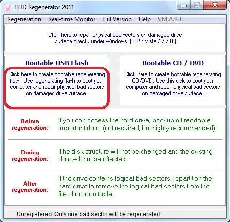 Prechod na vytvorenie zavádzacieho flash disku v programe Regenerator HDD