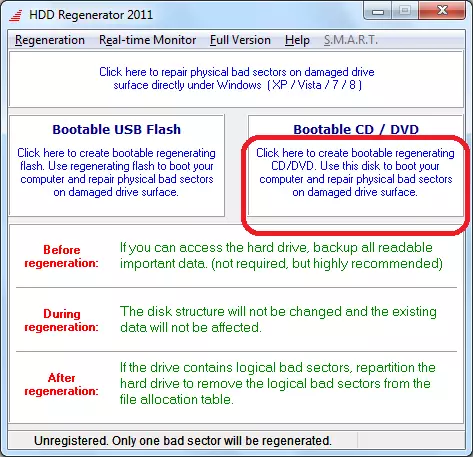 Gå til oprettelse af en boot disk i HDD Regenerator-programmet