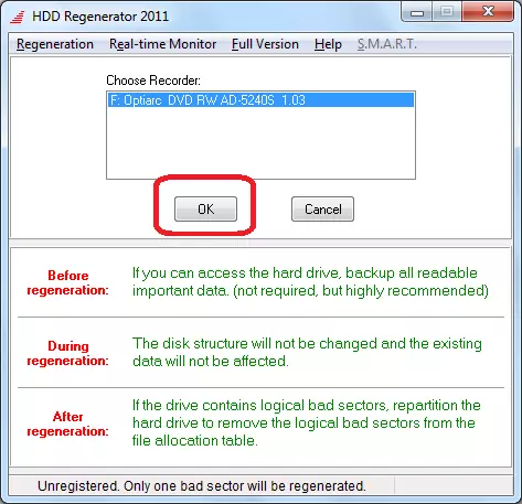 Vyberte disk do jednotky v programe Regenerator HDD