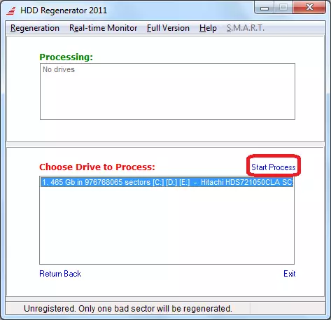 Vælg disken i HDD Regenerator-programmet