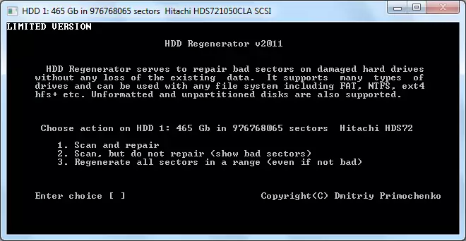 Seleccione o modo de escaneo do disco no programa HDD Regenerator