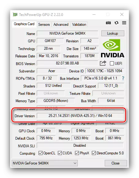 Гирифтани маълумот дар бораи ронандаи насбшудаи NVIDIA дар GPU-Z