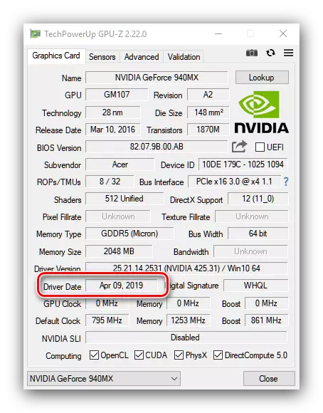 Ang petsa ng paglabas ng naka-install na mga driver ng NVIDIA sa GPU-Z