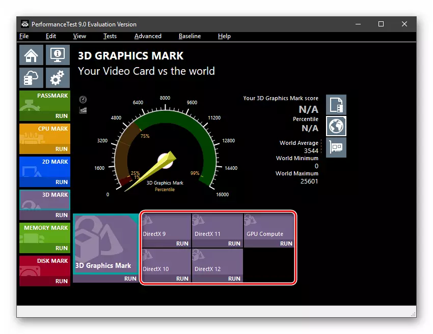 Seção para testar o desempenho da placa de vídeo em 3D no Programa de Teste de Desempenho da Passmark