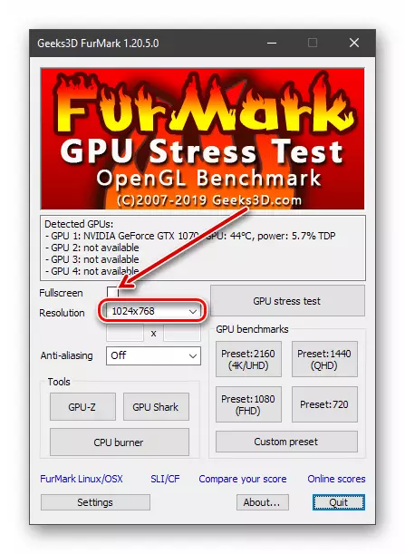 Setting the resolution before carrying out stress test in the FurMark program