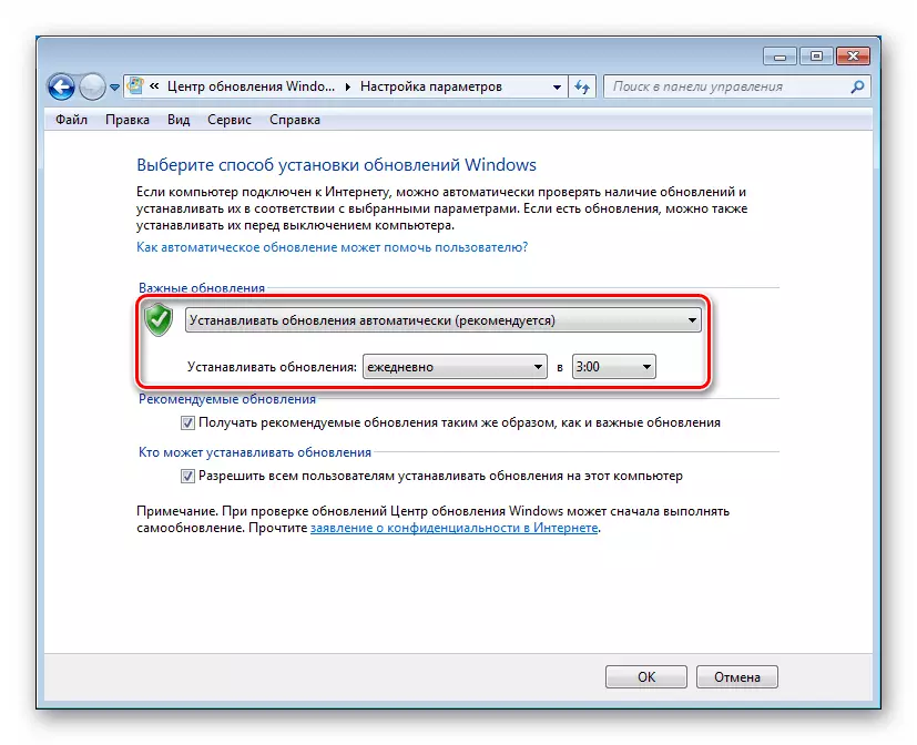 Aktiveer outomatiese opdatering en opstel van die skedule in die Windows 7-opdateringsentrum