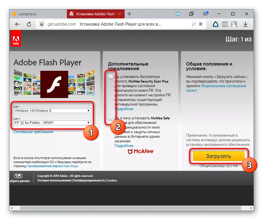 Adobe Flash erreproduzitzpena gune ofizialetik deskargatzeko prozesua