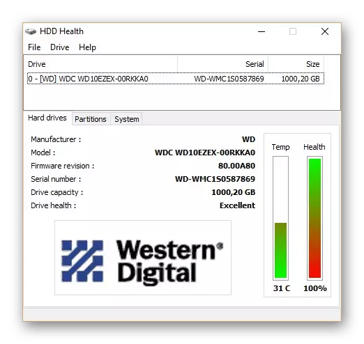 HDD هيلٿ پروگرام جي مکيه ونڊو