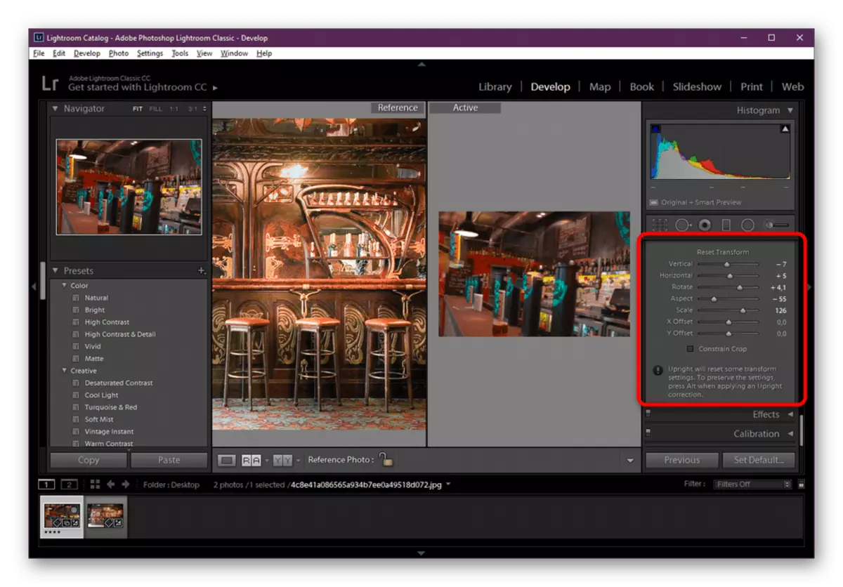 Transformarea gratuită a fotografiei în timpul procesării în programul Adobe Lightroom