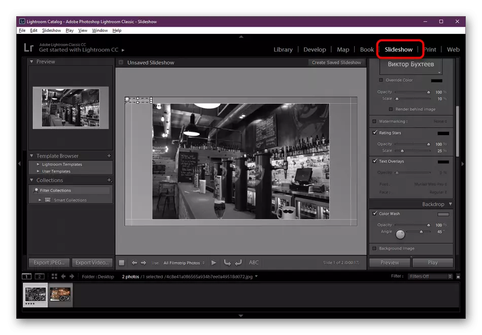 Kenop panas pikeun ngontrol modul slideshow di Program Adobe Lightroand