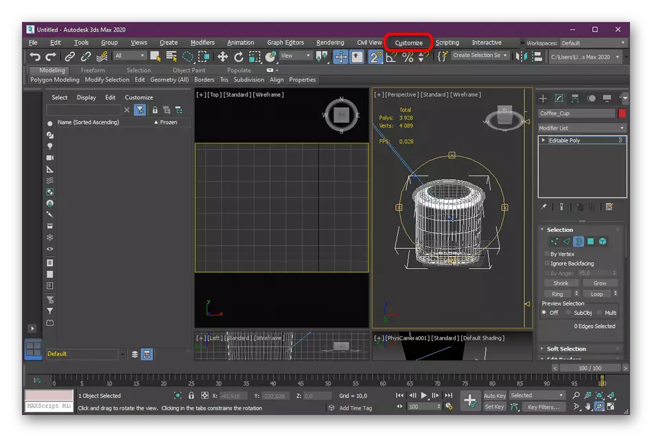 Kalimi në seksionin e personalizimit në Autodesk 3ds Max