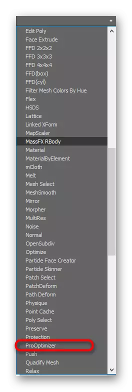 Selectați Modificatorul de proptimizor în programul 3DS Max