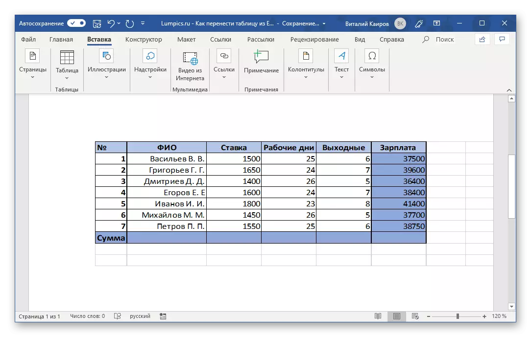 Excel-tabellen är införd från filen i Microsoft Word-programmet