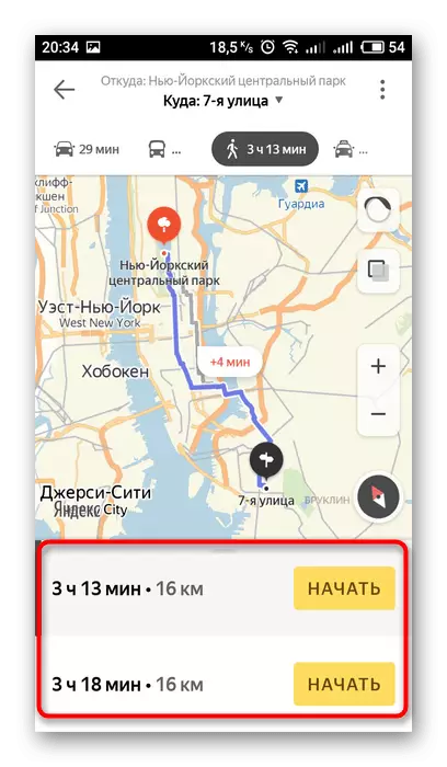 Kuchagua njia katika maombi ya Yandex.Maps.