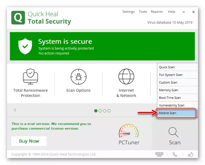 Quick Heal Total Security Scan Select mòbil al menú de la funció antivirus per a l'anàlisi Android