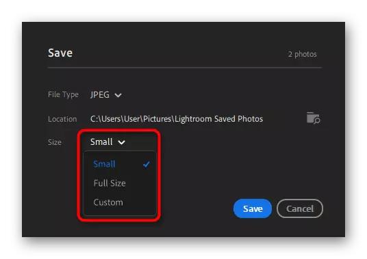 Selezione delle dimensioni per le foto salvate nel programma Adobe Lightroom