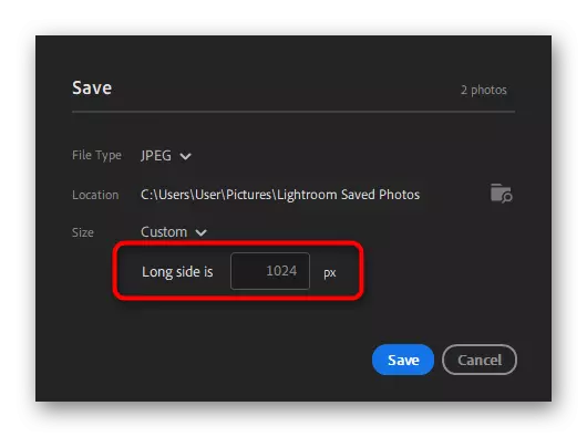 Selezione della dimensione manuale per salvare le foto in Adobe Lightroom