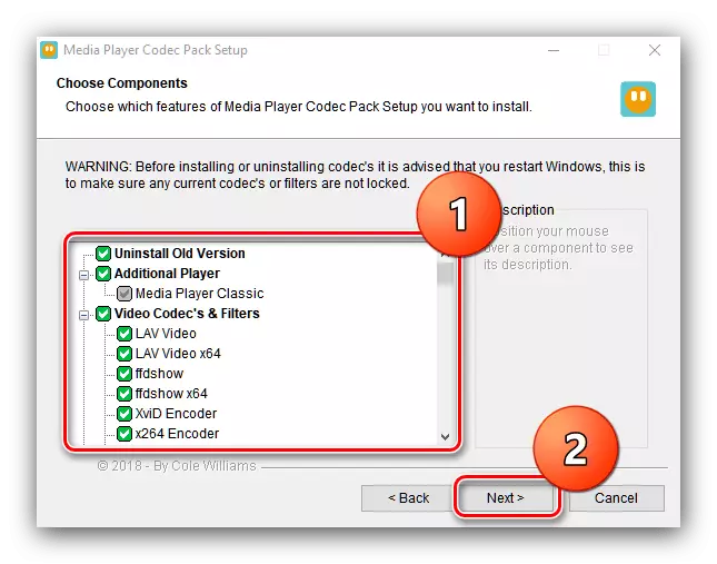 Izbira komponent pakiranja MEDIA CODEC za namestitev kodekov za Windows Media Player