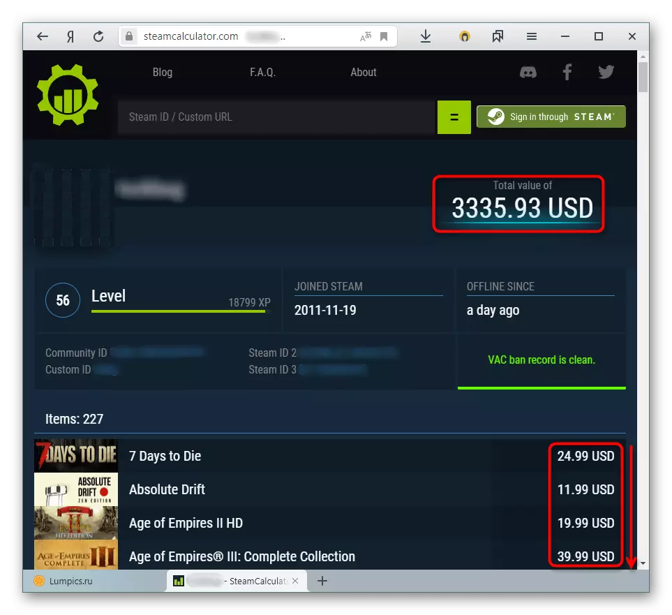 The total cost of the STEAM account and each acquired game on Steamcalculator