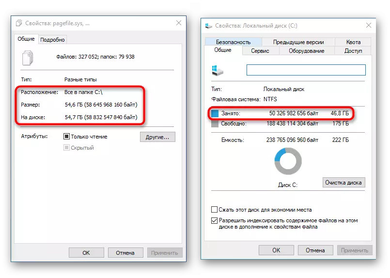 Atšķirība skaita aizņemts telpā caur īpašībām failu un diska C Windows 10