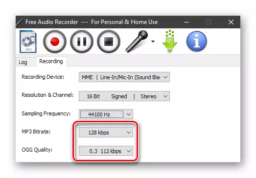 Indstilling af kvaliteten af ​​outputfilen, når du optager lyd i Free Audio Recorder-programmet