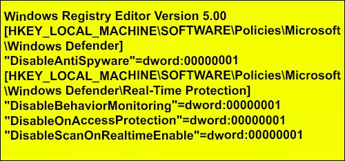 Інфармацыя для рэестра для адключэння Microsoft Security Essentials