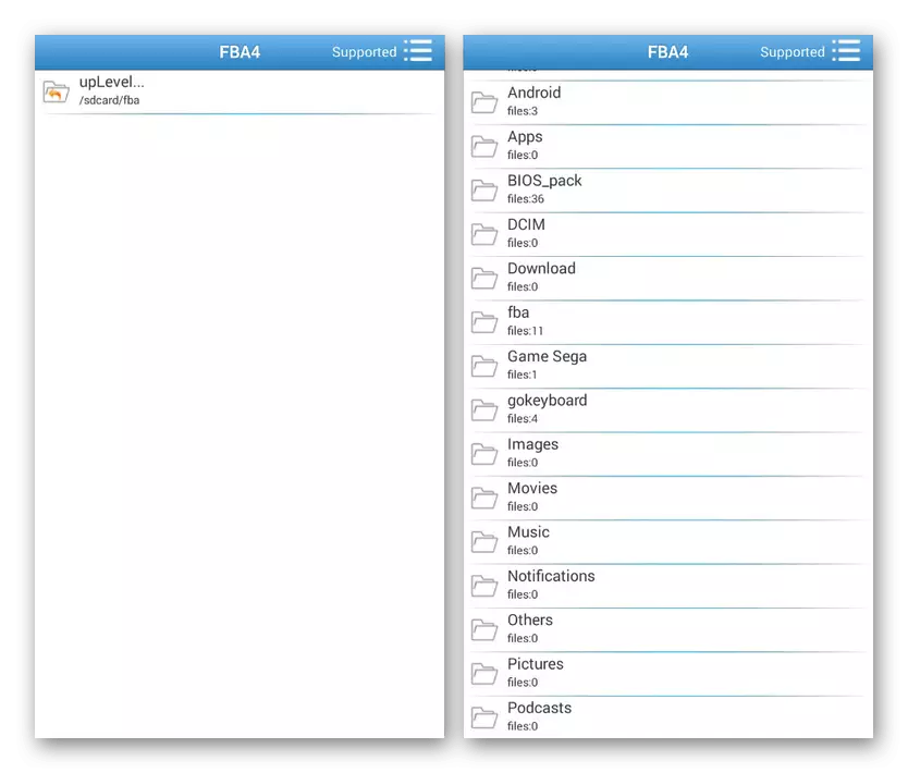 Android တွင် application fba4Droid ရှိအဓိက menu