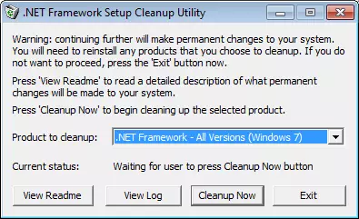 Microsoft .NET Framework dzēšana, izmantojot .NET Framework CleanUp rīka lietderība