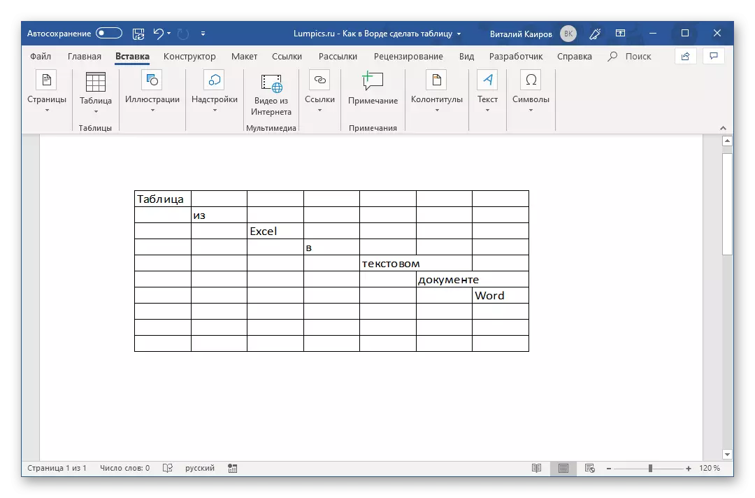 Gledanje kreirano pomoću Excel tablica u Microsoft Word-u