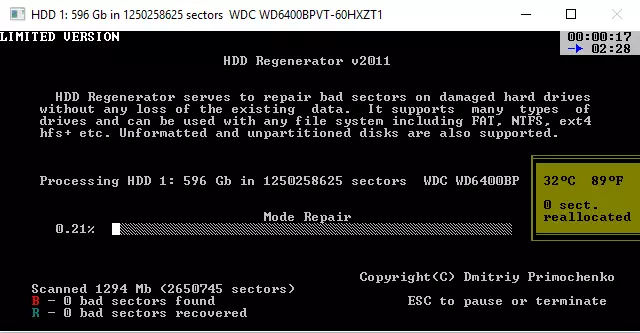 Skenēšana un atjaunošana cieto disku, izmantojot HDD reģeneratoru