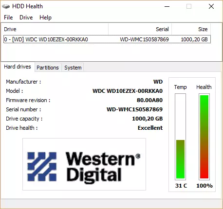 HDD स्वास्थ्य मुख्य विन्डो हार्ड डिस्कको साथ