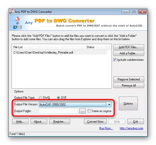 Zgjidh një vend të kursimit dhe versionit të programit në çdo PDF në DWG Converter
