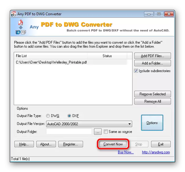 Запуск канвертавання ў праграме Any PDF to DWG Converter